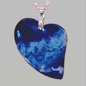 Blue Chrysanthemum Coral Heart Pendant Sterling Silver Plated Rolo Necklace